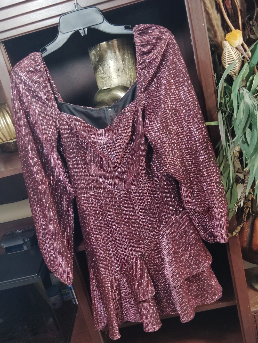City Triangles Metallic Plum Long-Sleeve Ruffle Hem Dress